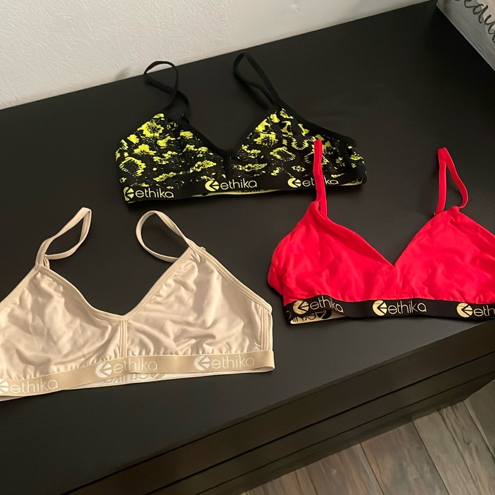 Set of 3 Ethika bralettes.